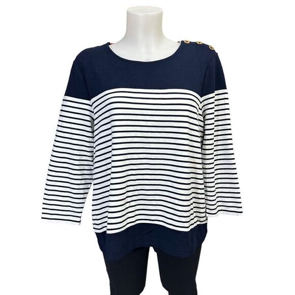 Ralph Lauren Navy Striped Top Womens Nautical Gold Shoulder Buttons Knit sz XL - Picture 1 of 9